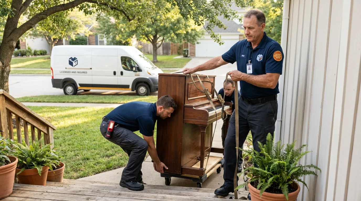 Licensed piano movers securing grand piano in Dublin, VA