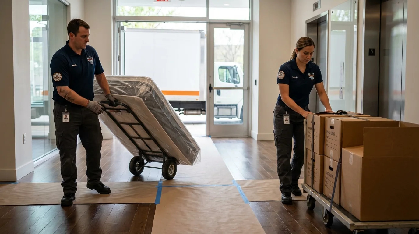 Professional apartment movers loading elevator in Dublin, VA